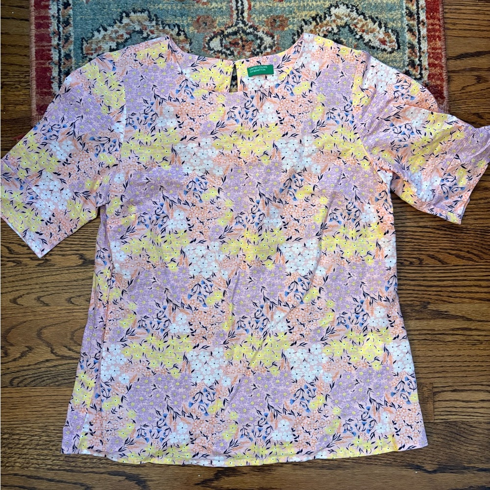United Colors Of Benetton Floral Blouse in Pink and Yellow linen size small